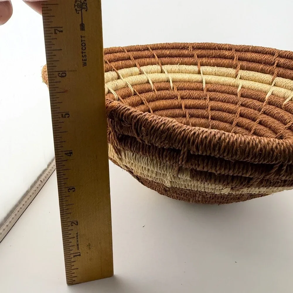 Handwoven Coiled Basket Bowl Brown Cream Boho Wall Decor Excellent